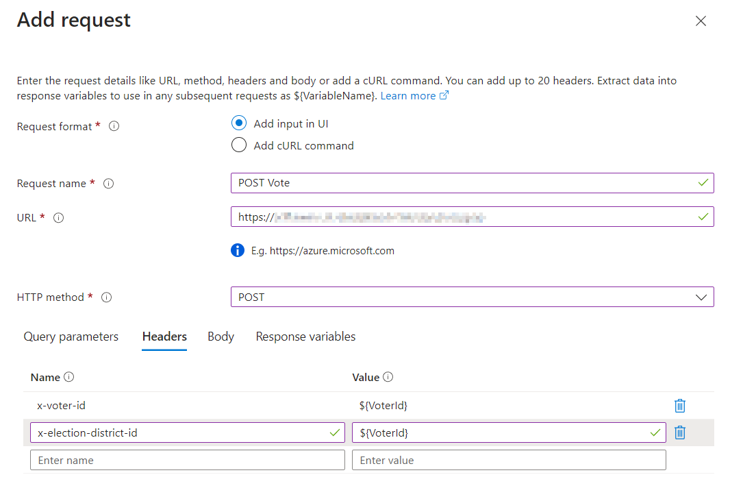 Defining a request through the Azure portal UI